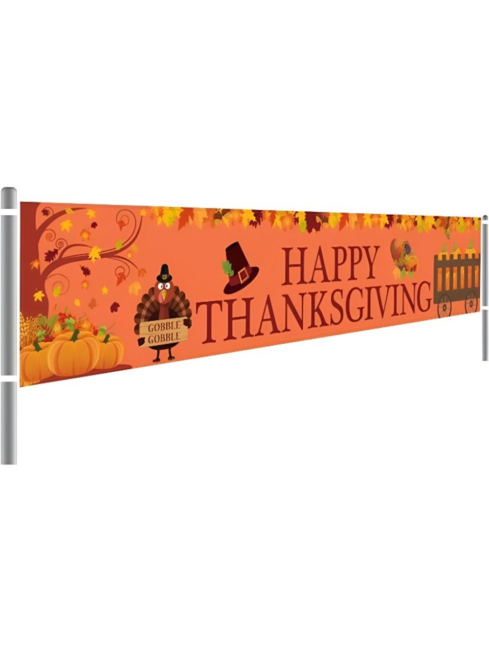 Large Happy Thanksgiving Turkey Maple Leaves Pumpkin Banner,(8.2 x 1.5 FT)